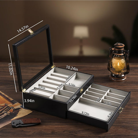 Emfogo two-tier wood and glass organizer keeps knives organized and visible on desk.