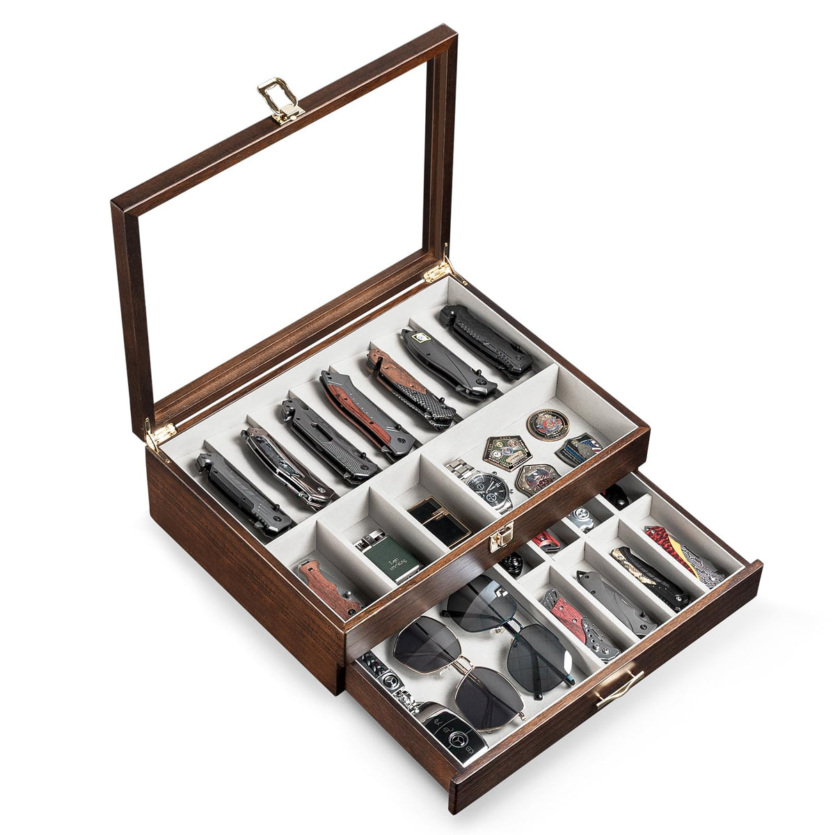 Emfogo walnut display case with glass top shows your knife collection clearly