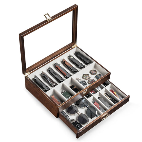 Emfogo walnut display case with glass top shows your knife collection clearly