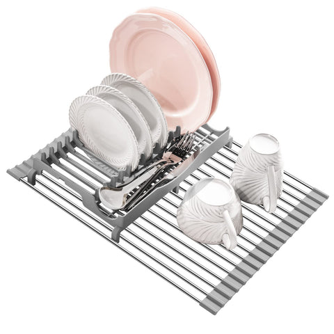 EMIERAI roll-up dish rack over sink showing expanded drying space for dishes