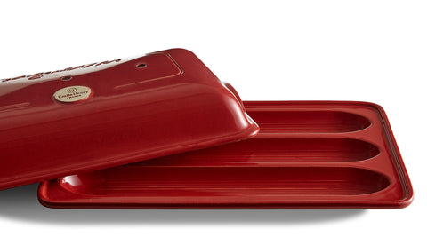 Emile Henry baguette baker base holes enable dough rise and even baking.
