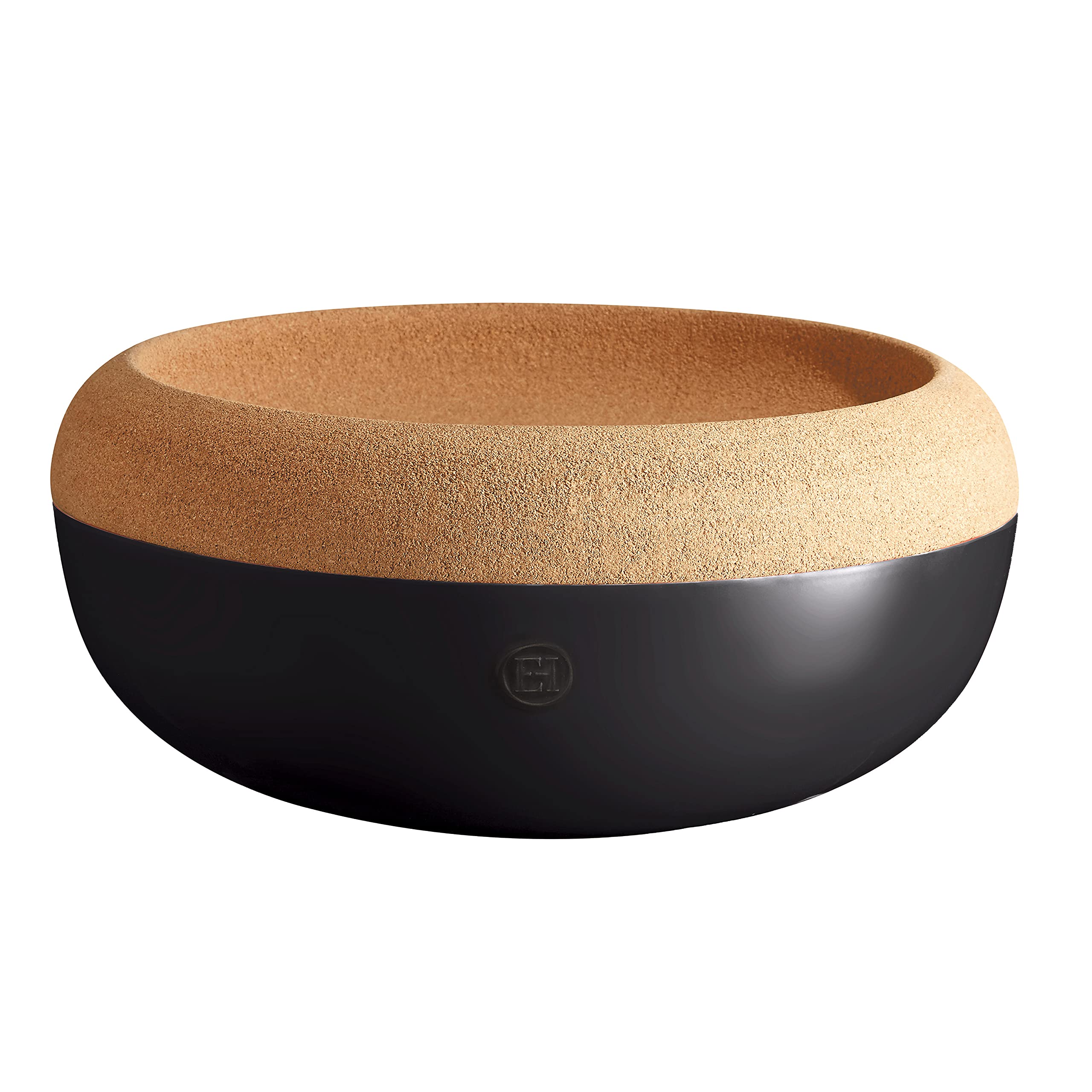 Emile Henry fruit bowl with cork lid on top for freshness and display.