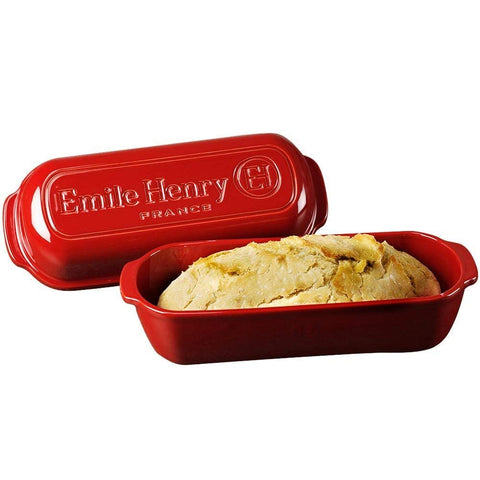 Emile Henry loaf baker with lid handles for easy transport and safe handling.