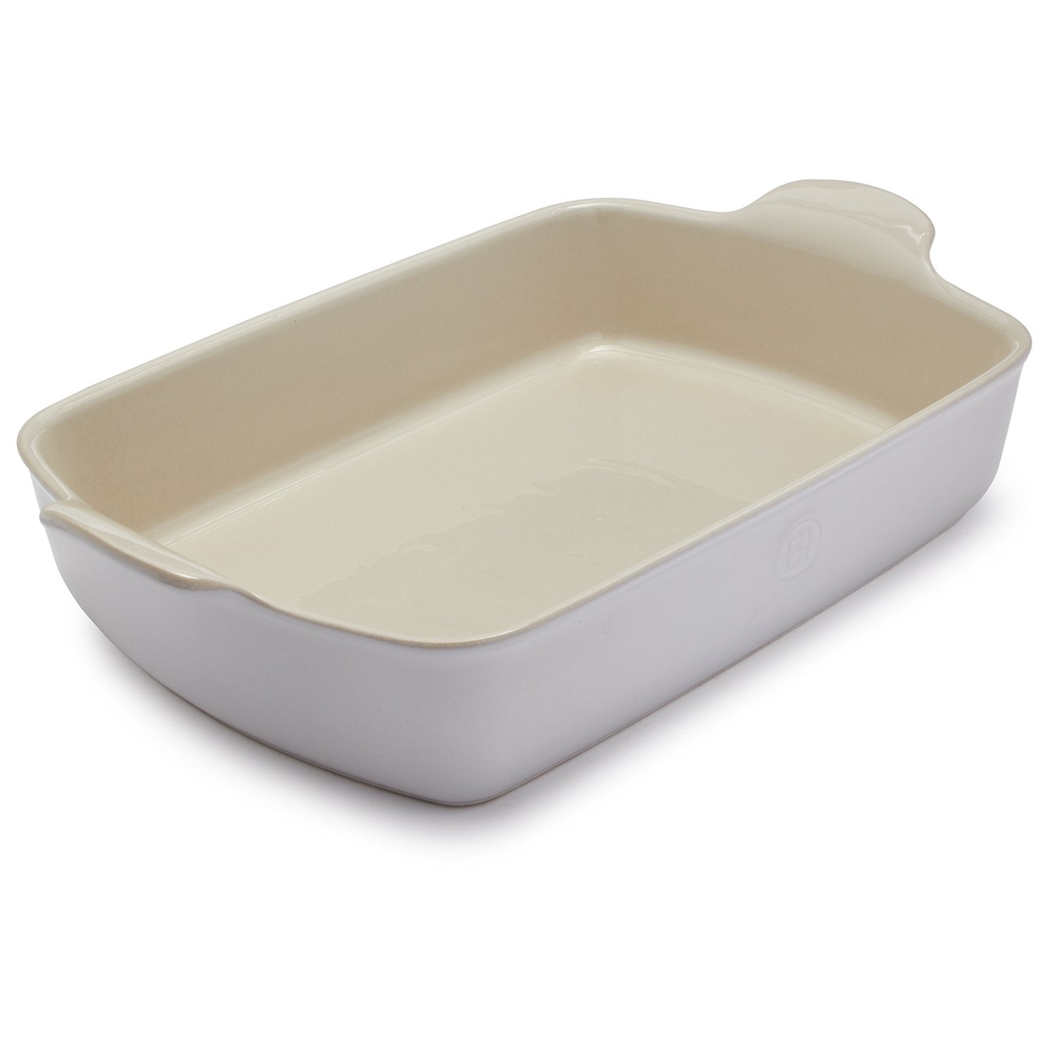 Emile Henry sugar white bakeware close-up handles, durable and chip-resistant