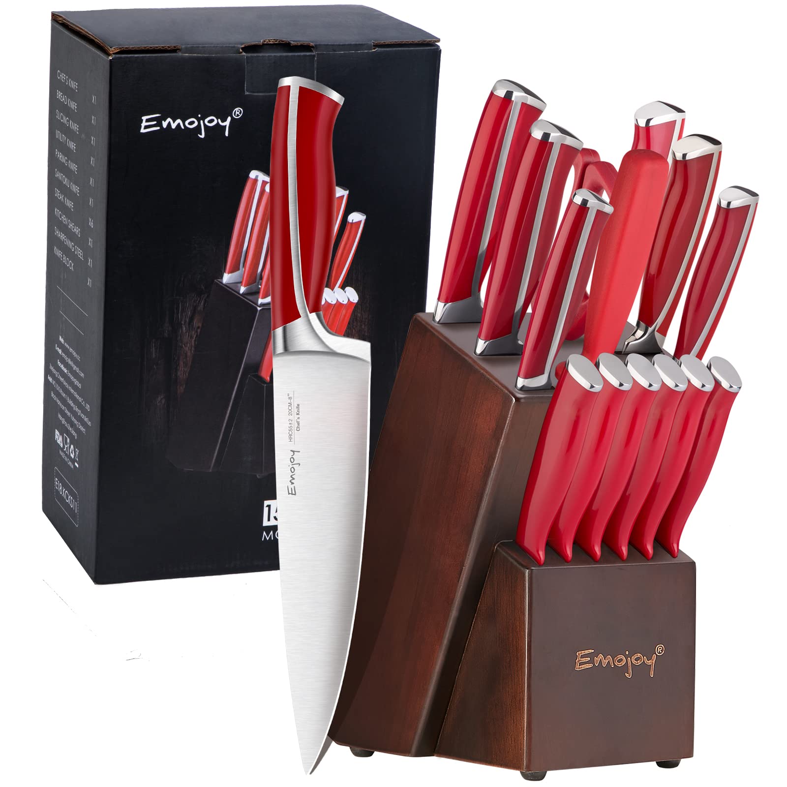 Emojoy 15-piece knife set with wooden block keeps blades organized and protected.