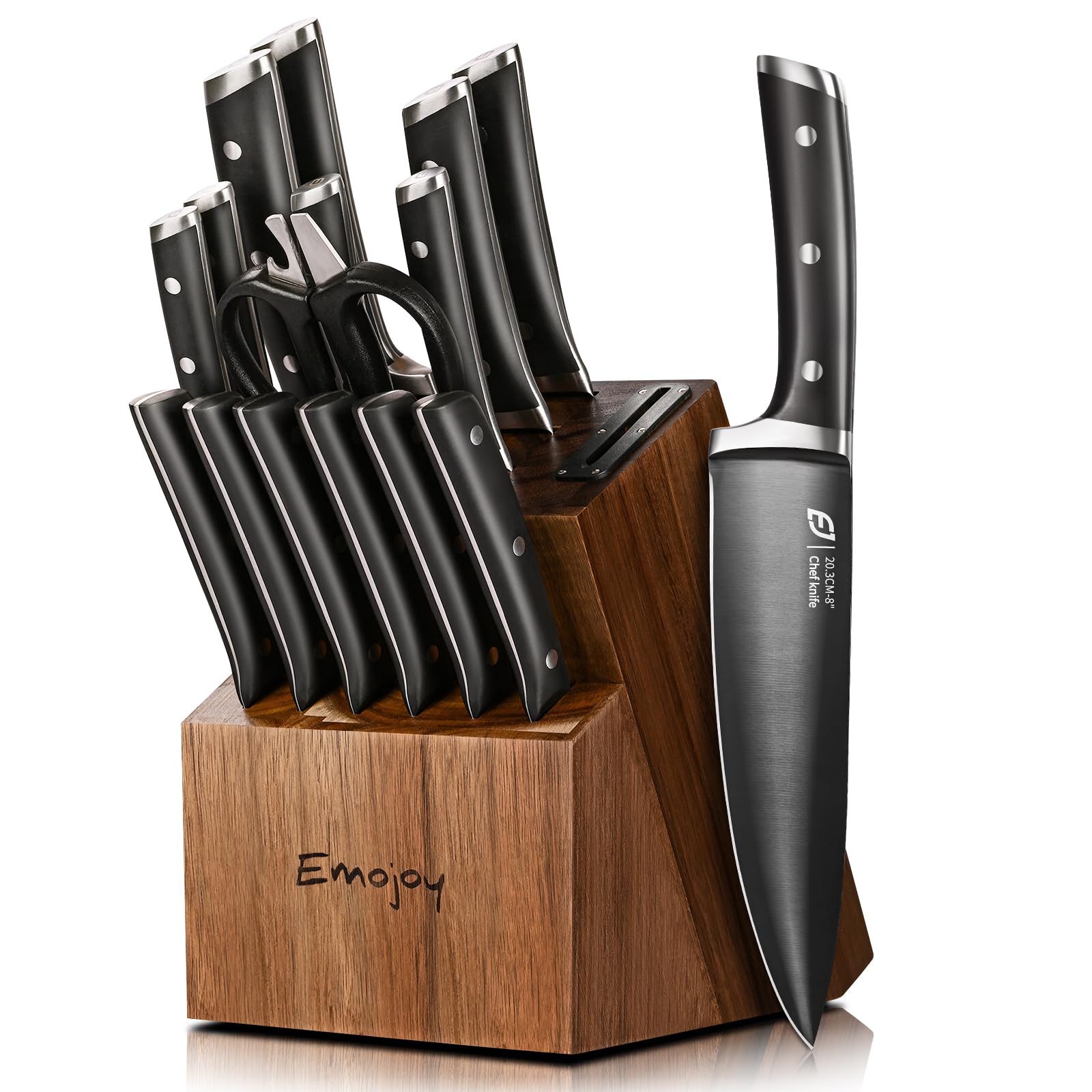 Emojoy 17-piece knife set on acacia block for organized, stylish prep.