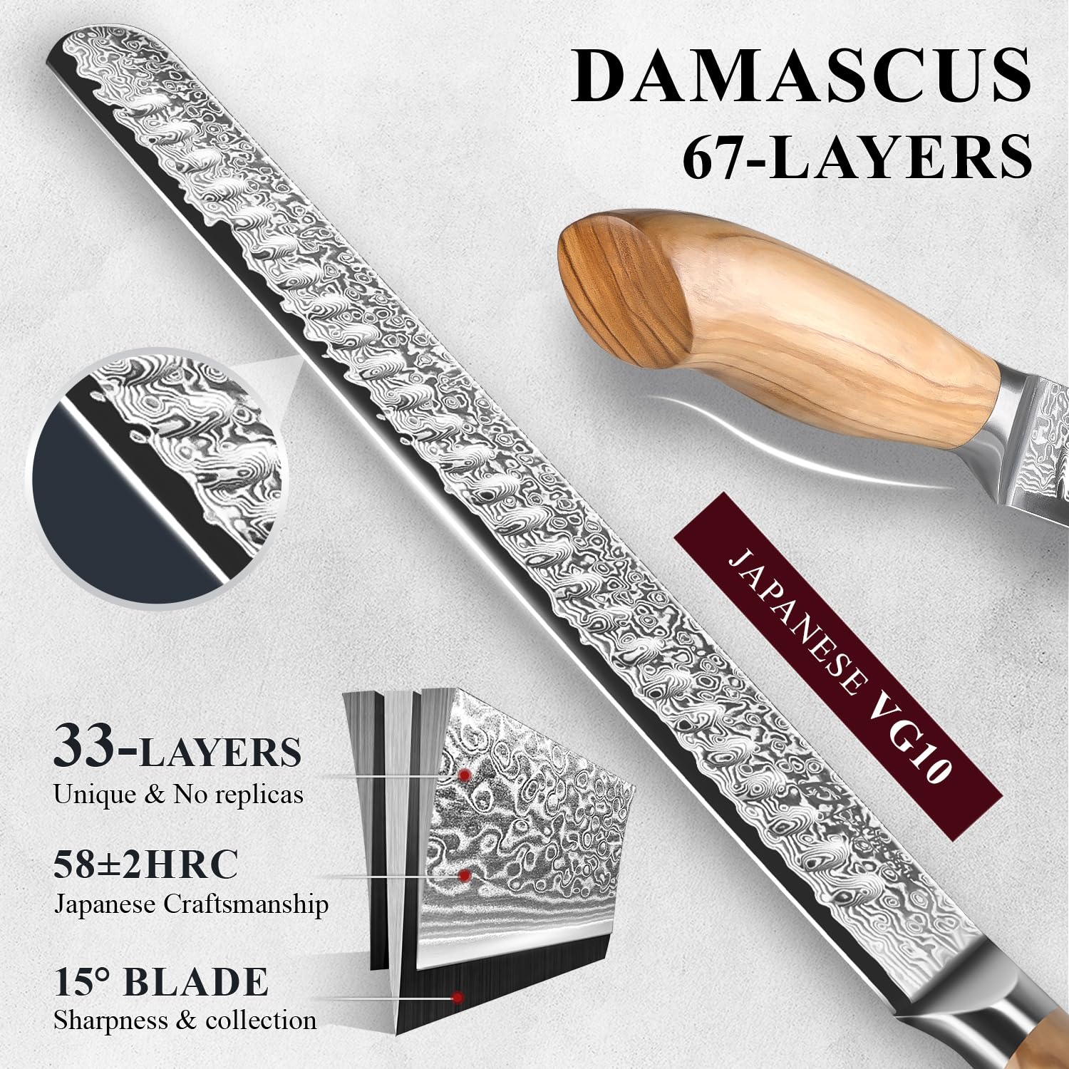 Emojoy 67-layer Damascus steel highlights durability and beauty.
