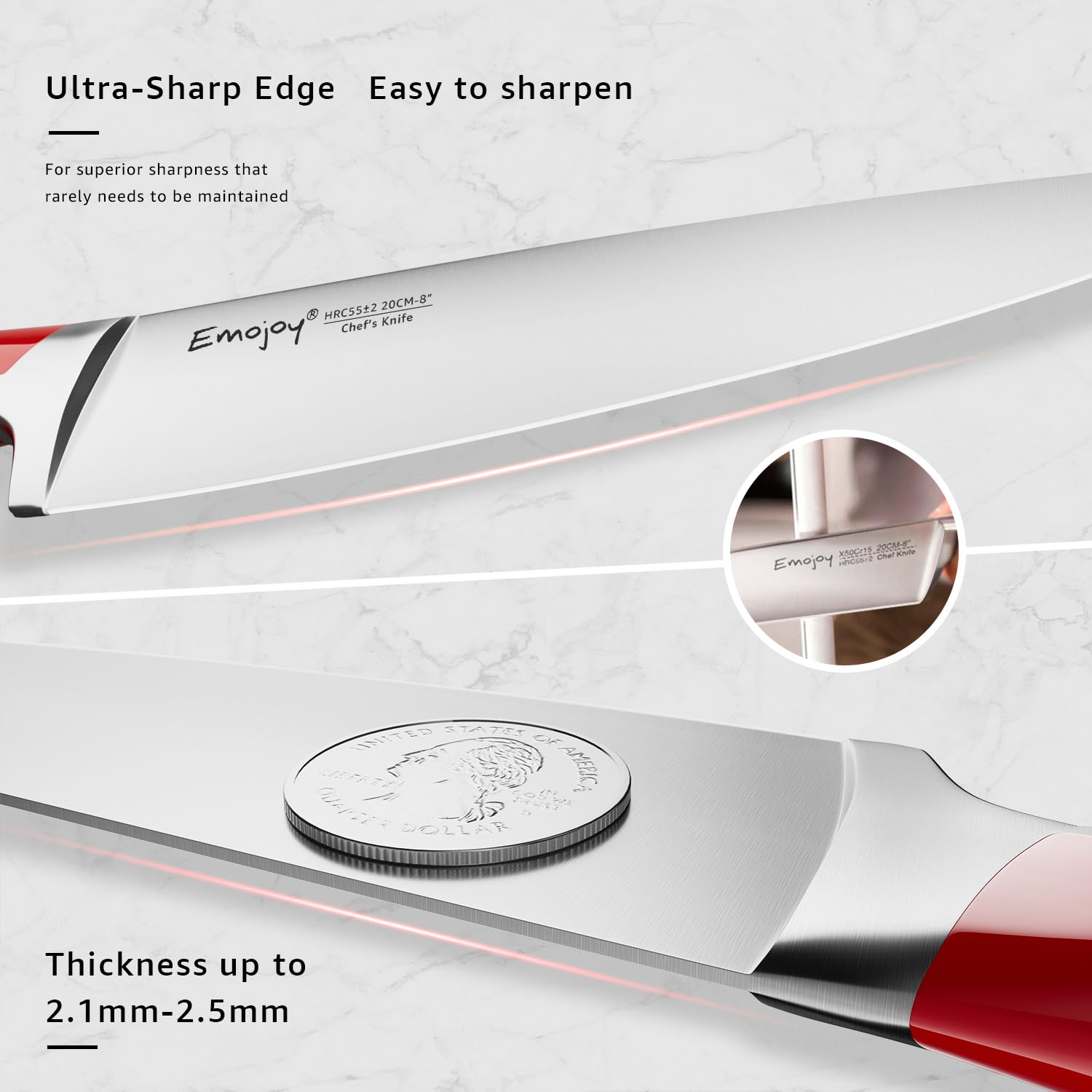Emojoy 8-inch bread knife with serrated edge for crusty loaves.