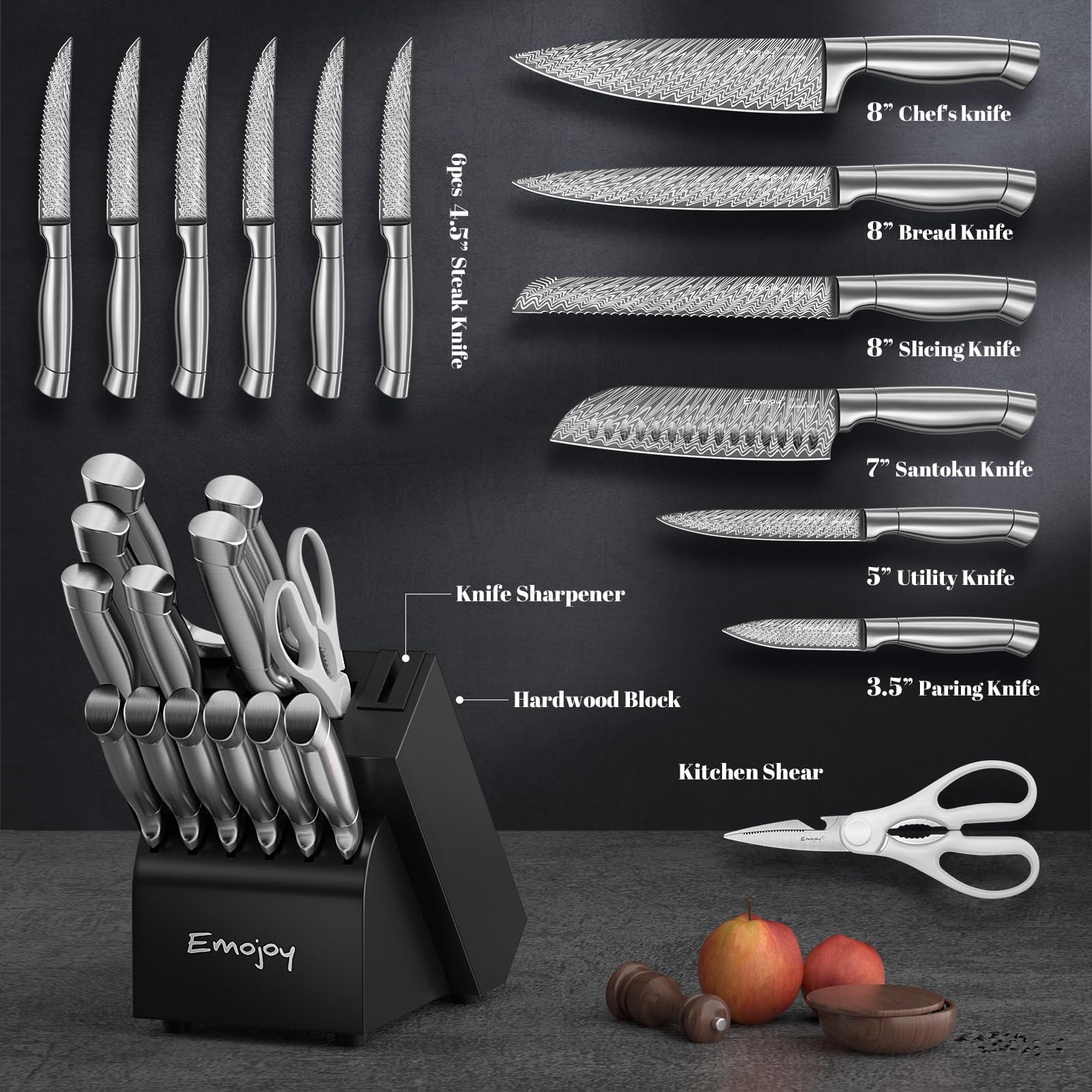 Emojoy 8-inch chef knife in action for precise dicing and slicing.
