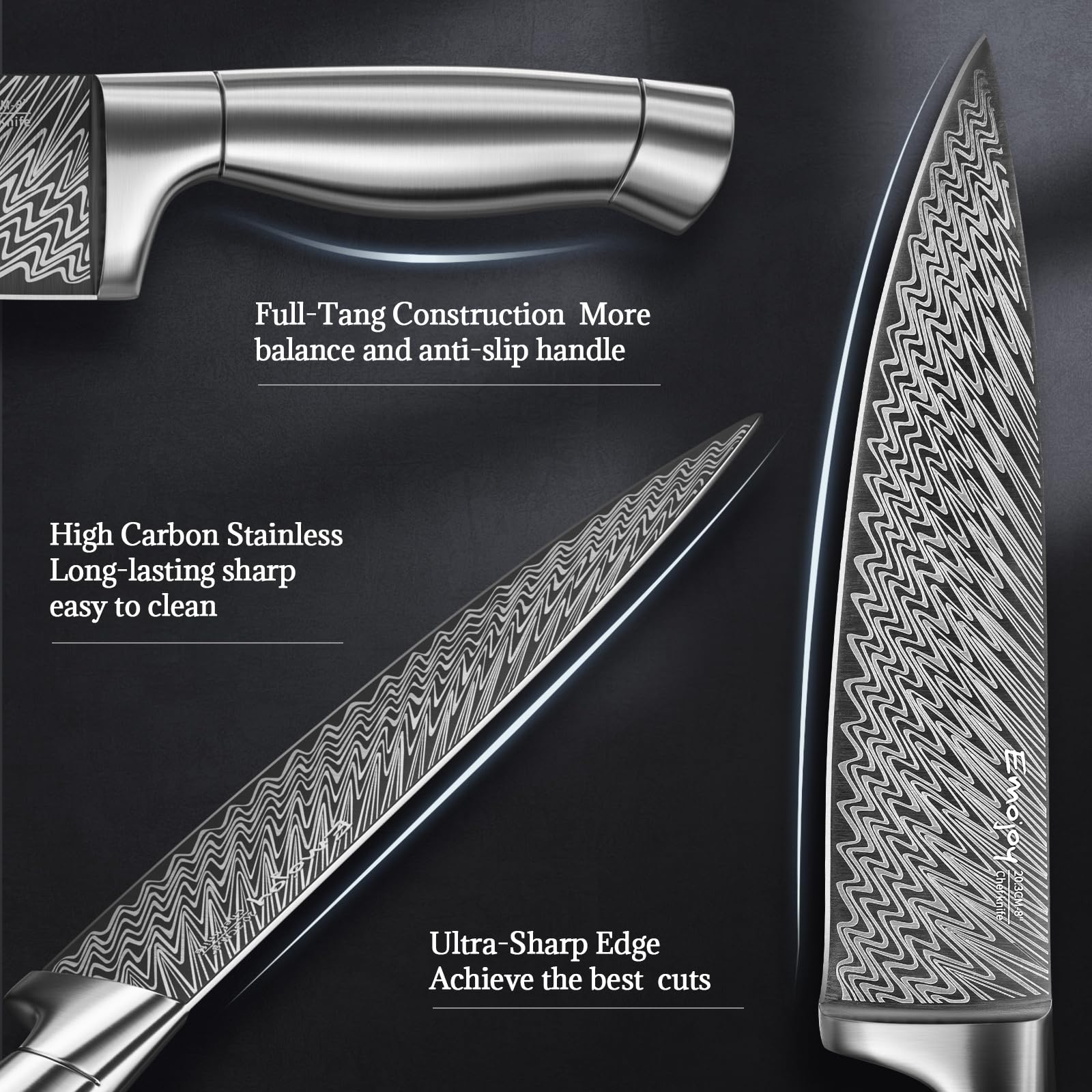 Emojoy 8-inch slicing knife delivering clean, even cuts on proteins and produce.