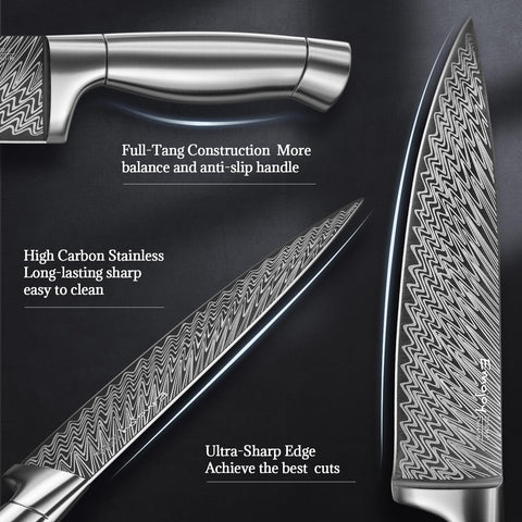 Emojoy 8-inch slicing knife delivering clean, even cuts on proteins and produce.