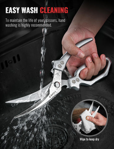 Emojoy dishwasher-safe kitchen scissors for convenient cleanup.