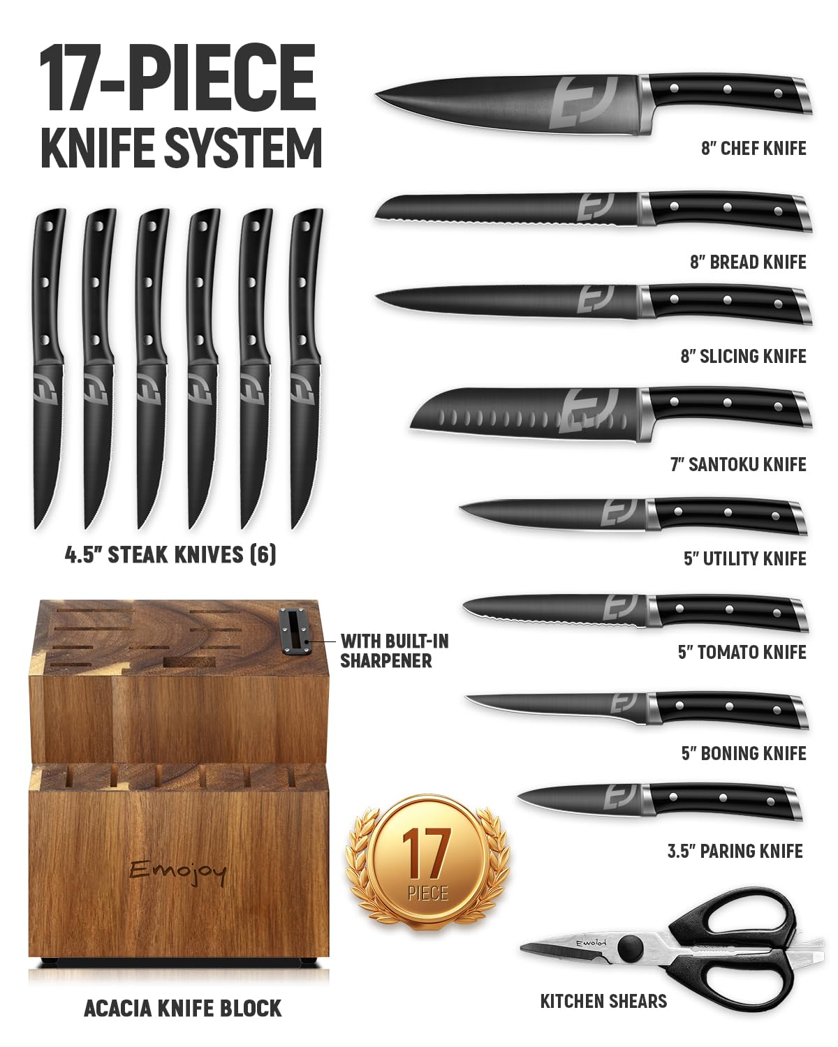 Emojoy heavy-duty acacia block provides stable, elegant knife display.