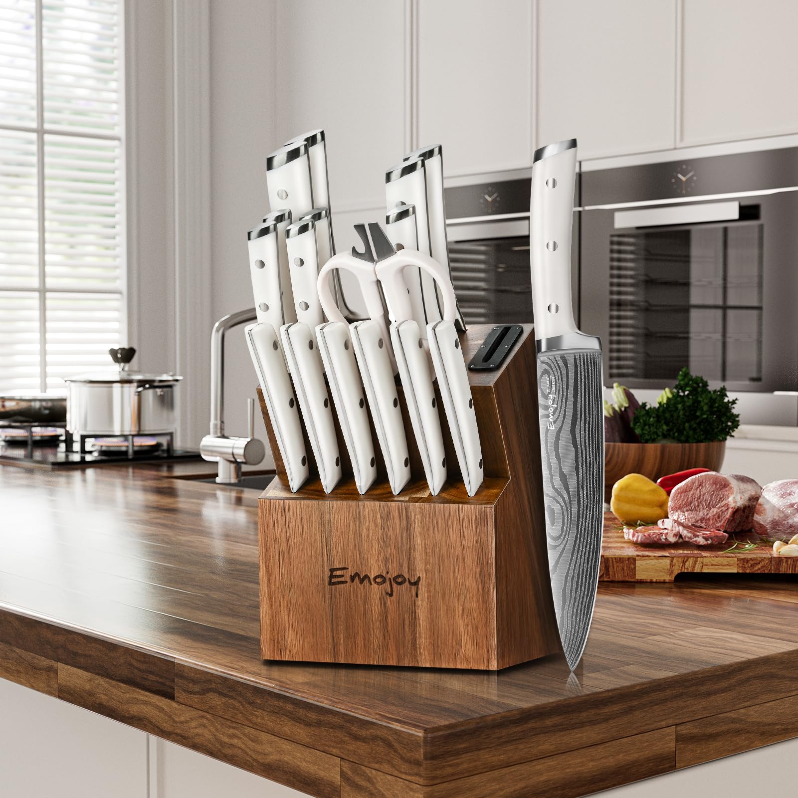 Emojoy kitchen shears and utility knife included for versatile prep tasks.
