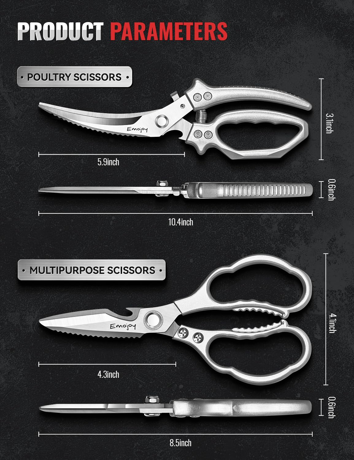 Emojoy poultry shears designed for sturdy poultry breakdown and precise cuts.