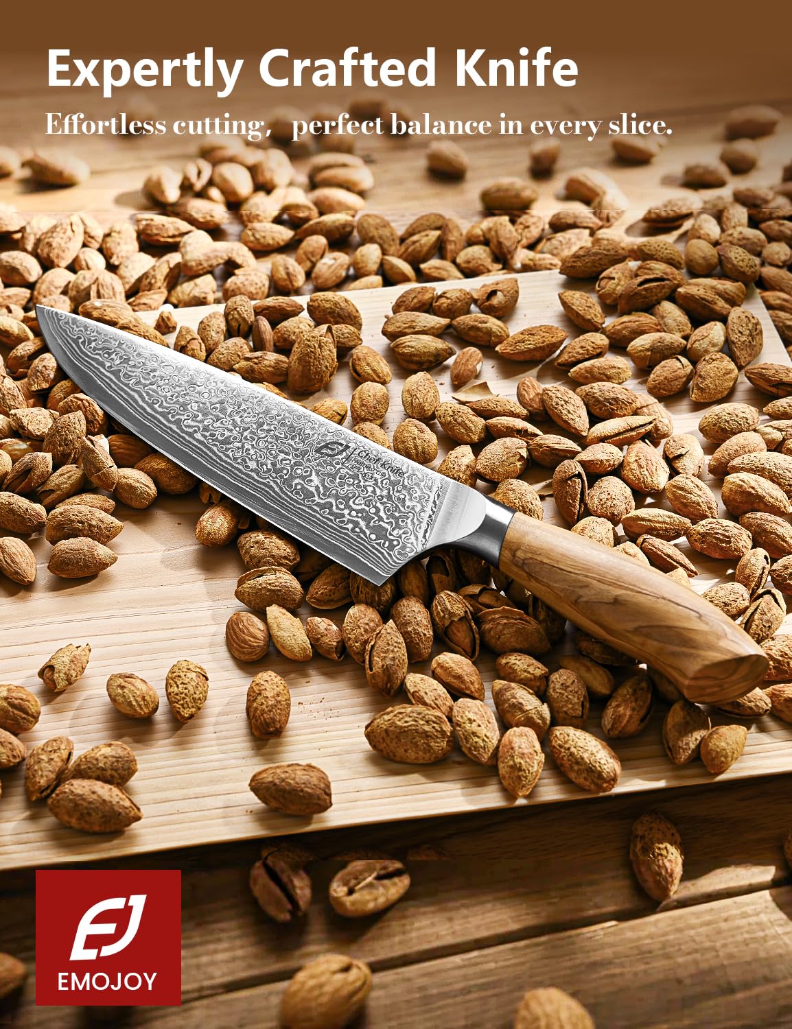 Emojoy knife set in use on a cutting board to show precision cuts