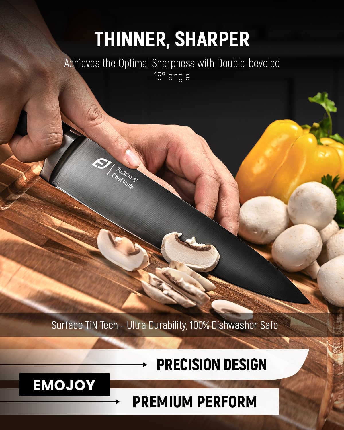 Emojoy six-stage heat treatment boosts blade hardness and durability.