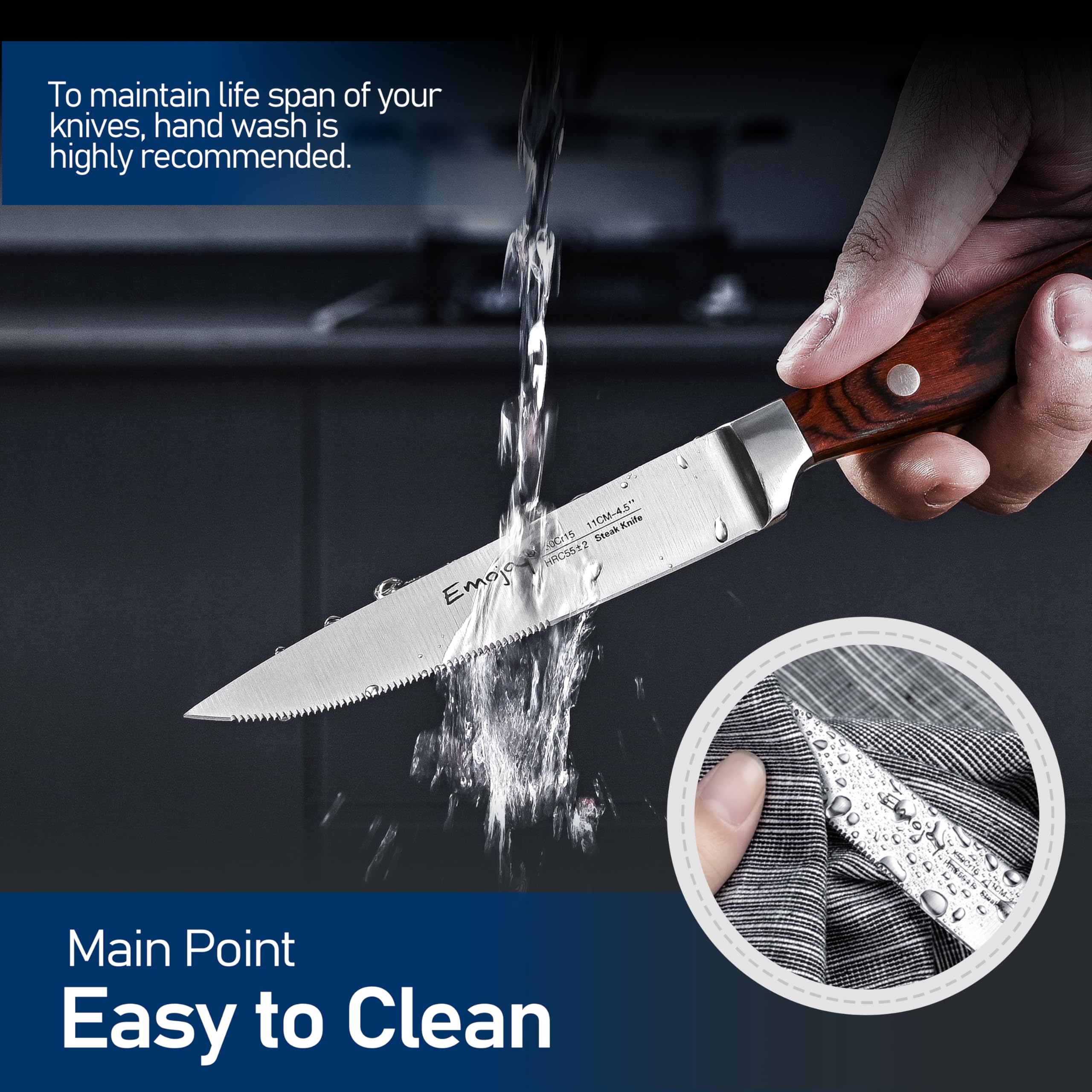 Emojoy steak knives hand wash recommended to preserve sharpness