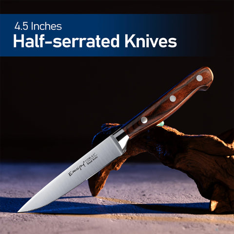 Emojoy steak knives handle detail highlighting Pakkawood durability