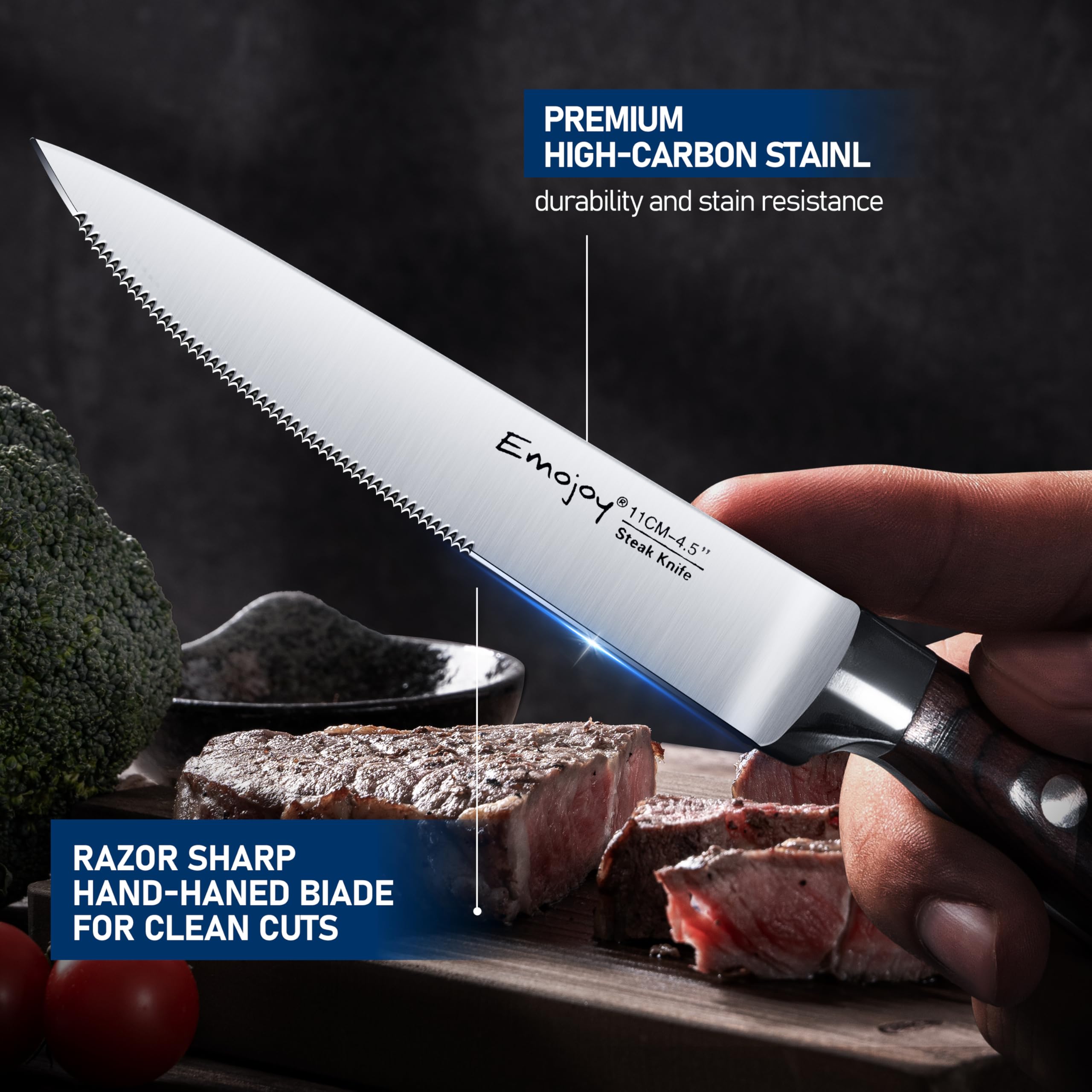 Emojoy steak knives serrated blade for effortless cutting