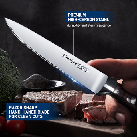 Emojoy steak knives serrated blade for effortless cutting