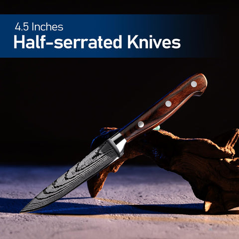 Close-up of Emojoy steak knives serrated edge for clean cuts