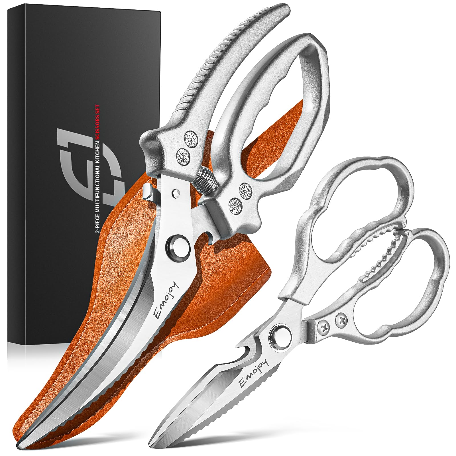 Emojoy two-piece kitchen scissors set for versatile prep and easy handling.