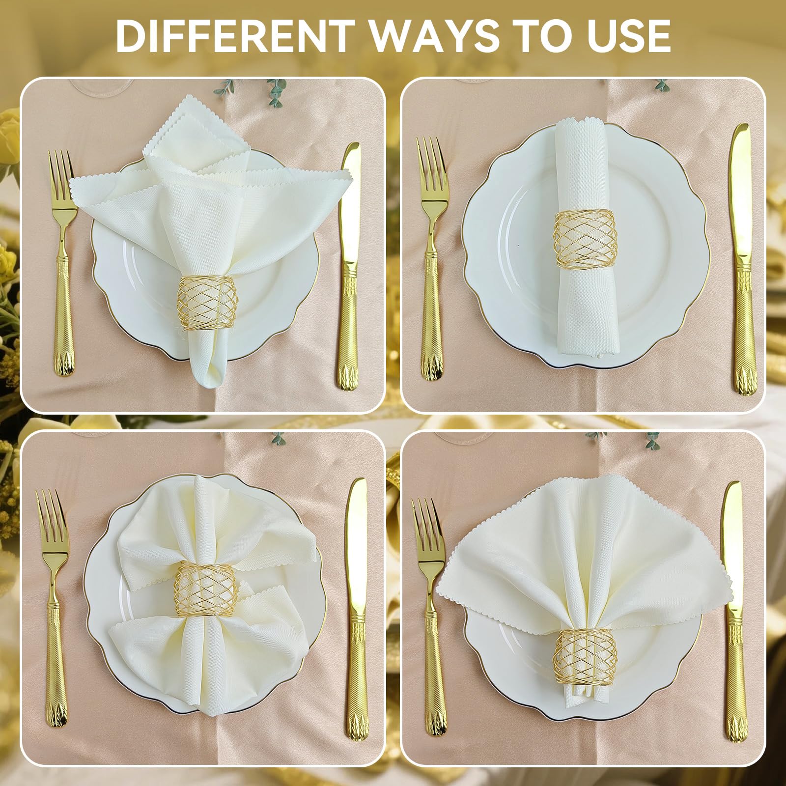 EMORBALS gold napkin rings sized 1.77 by 2.17 inches fit standard napkins.