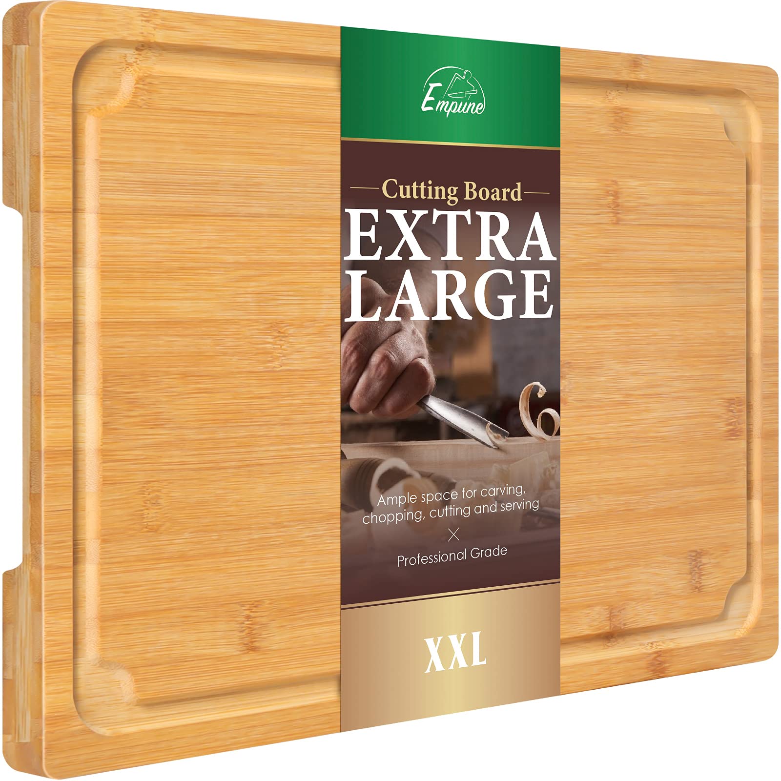 Empune 2XL bamboo cutting board with juice groove for mess-free prep.