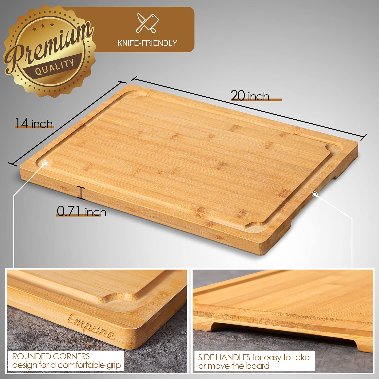Empune 2XL bamboo board with built-in side handles for easy serving.