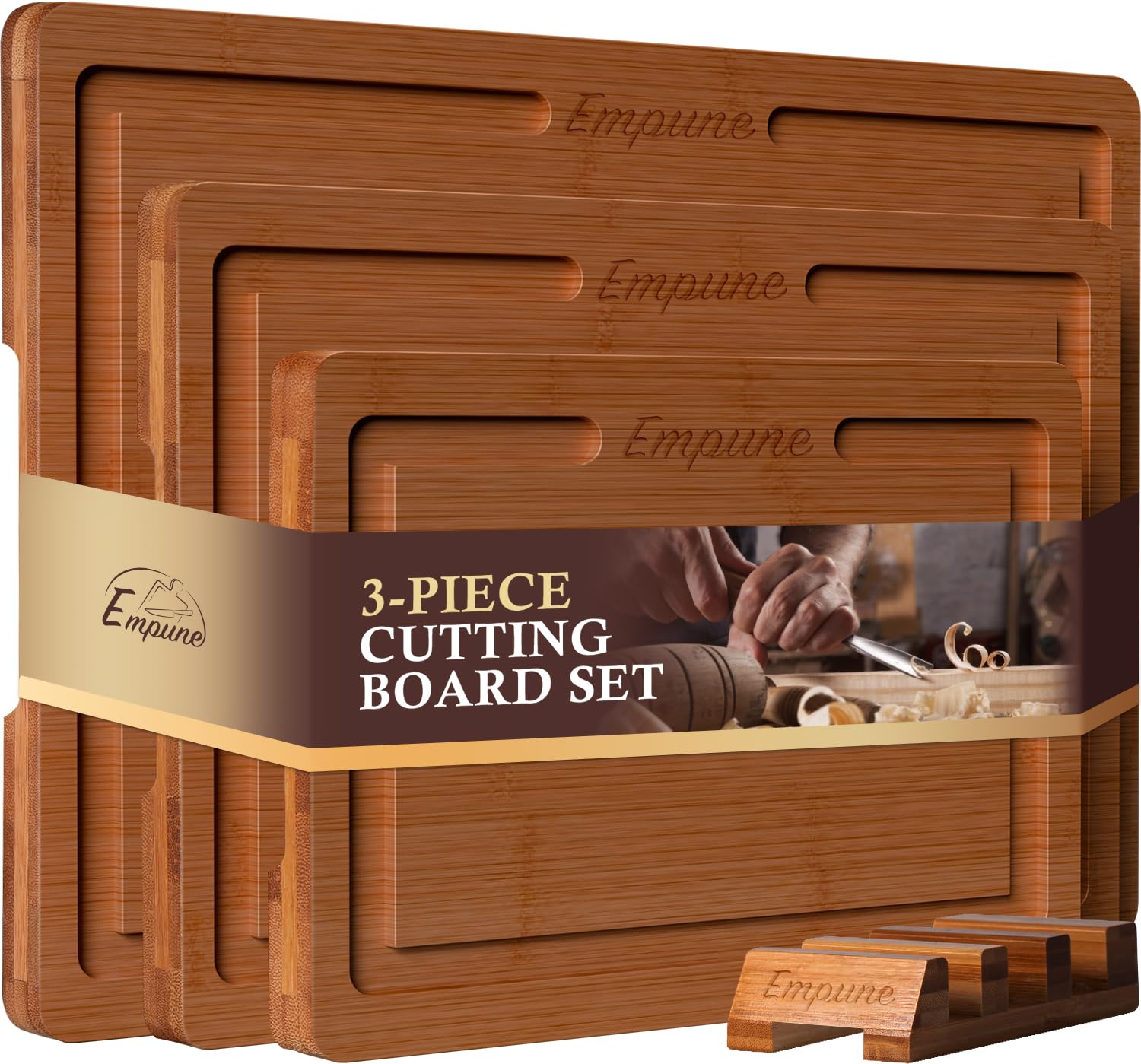 Empune bamboo cutting board set with rack, sturdy storage solution for kitchen prep