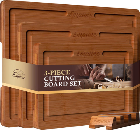 Empune bamboo cutting board set with rack, sturdy storage solution for kitchen prep