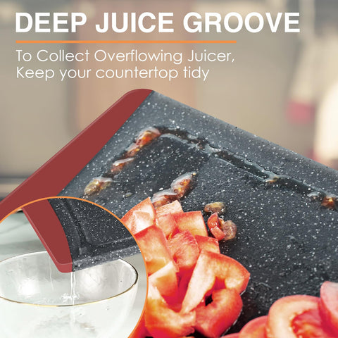 Empune red cutting board close-up highlighting the juice groove.