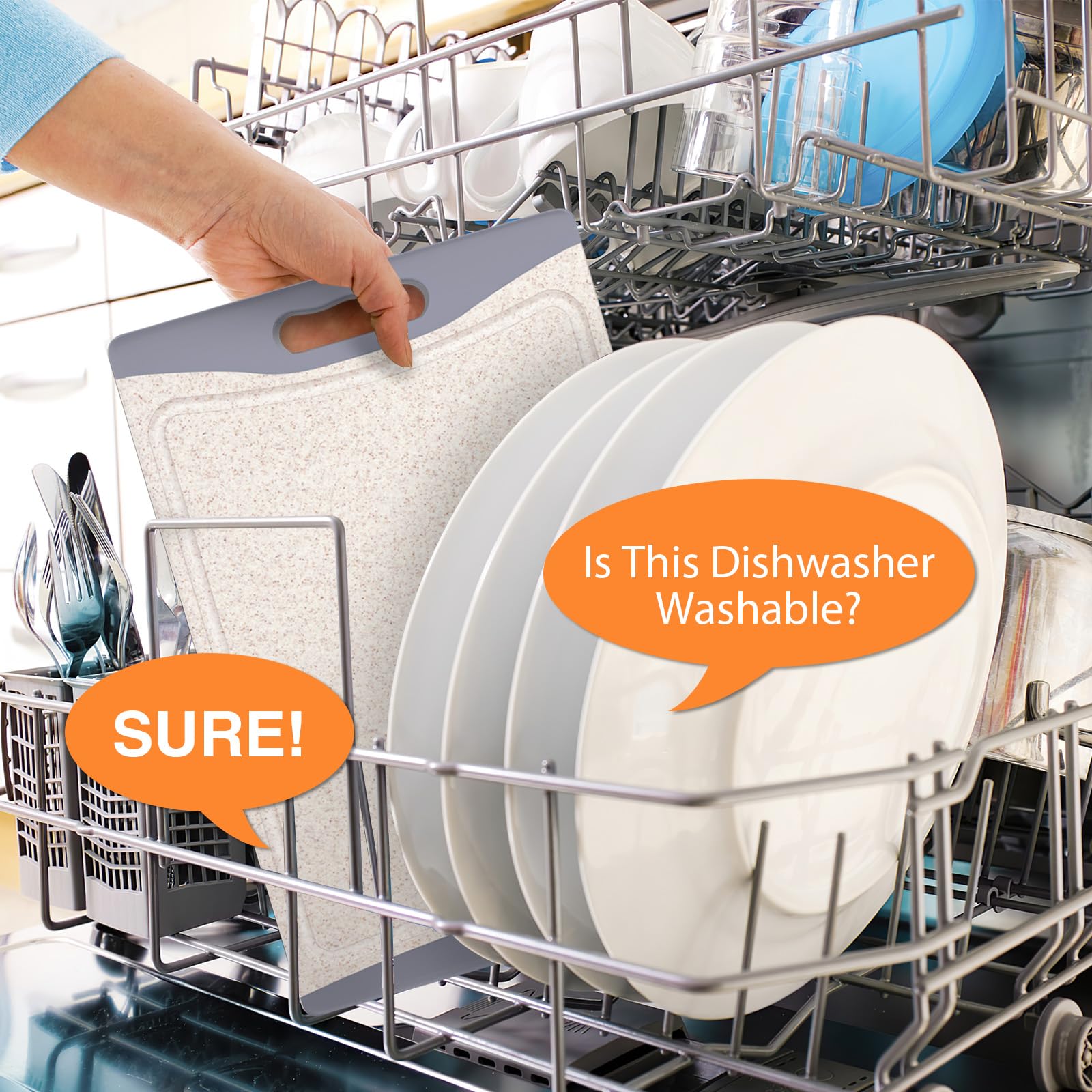 Empune dishwasher-safe icon on cutting board for quick cleanup.