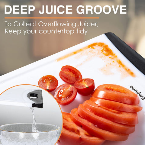 Empune plastic cutting boards are dishwasher safe for easy cleanup.