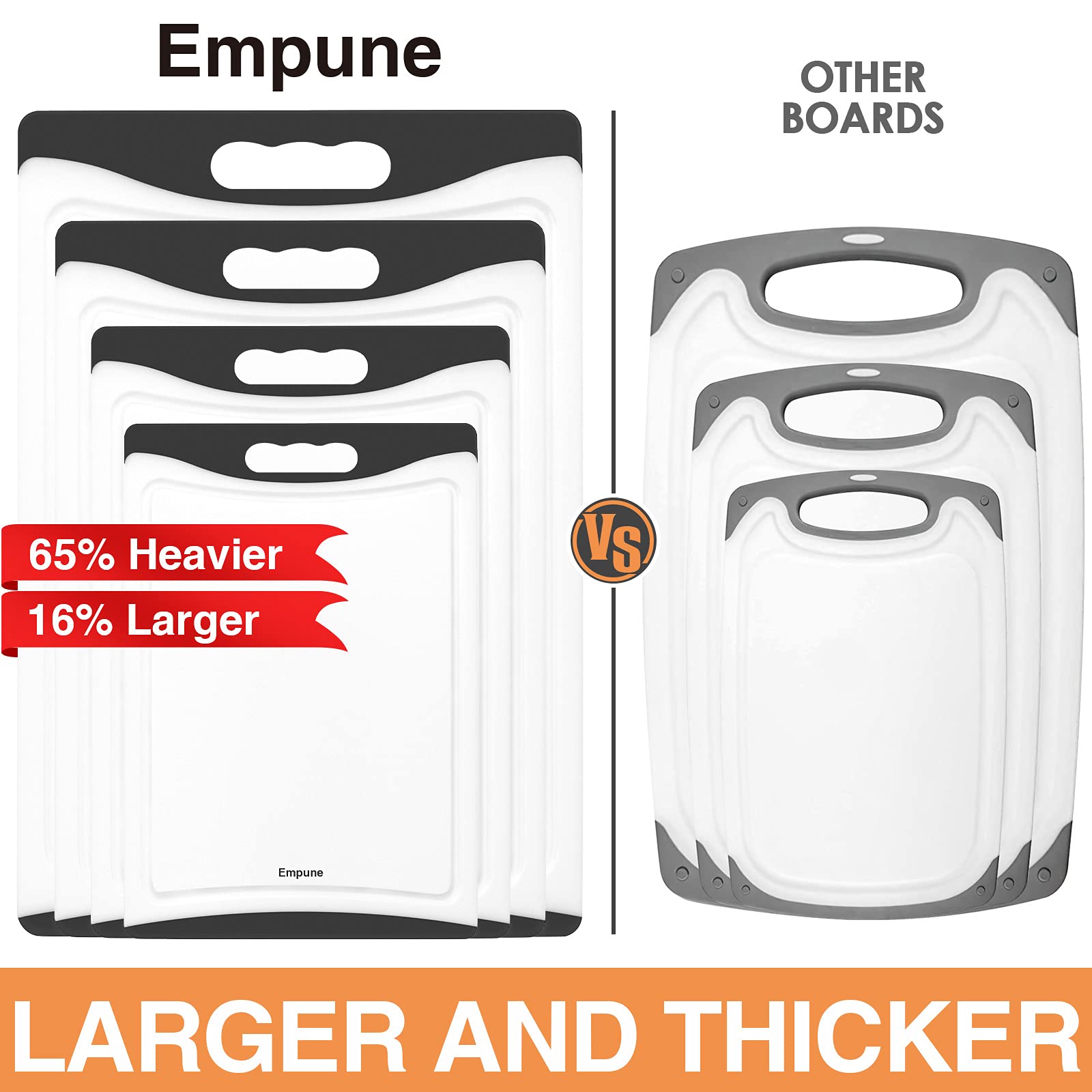 Empune cutting board with juice grooves to protect countertops.