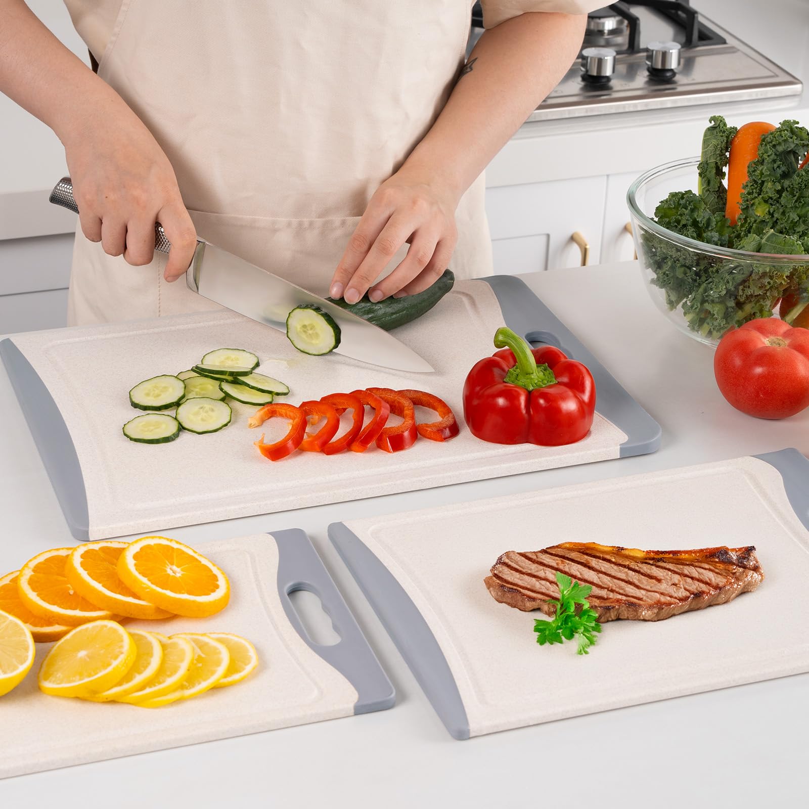 Empune beige cutting boards on kitchen counter ready for meal prep.