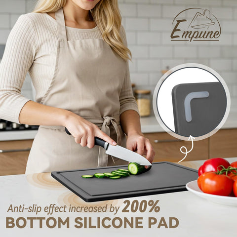 Empune plastic cutting boards are dishwasher-safe for quick cleaning after meal prep.