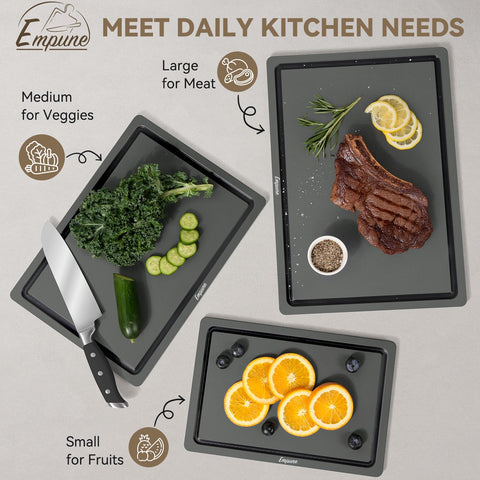 Empune cutting board set includes deep juice grooves to catch liquids exactly where used.