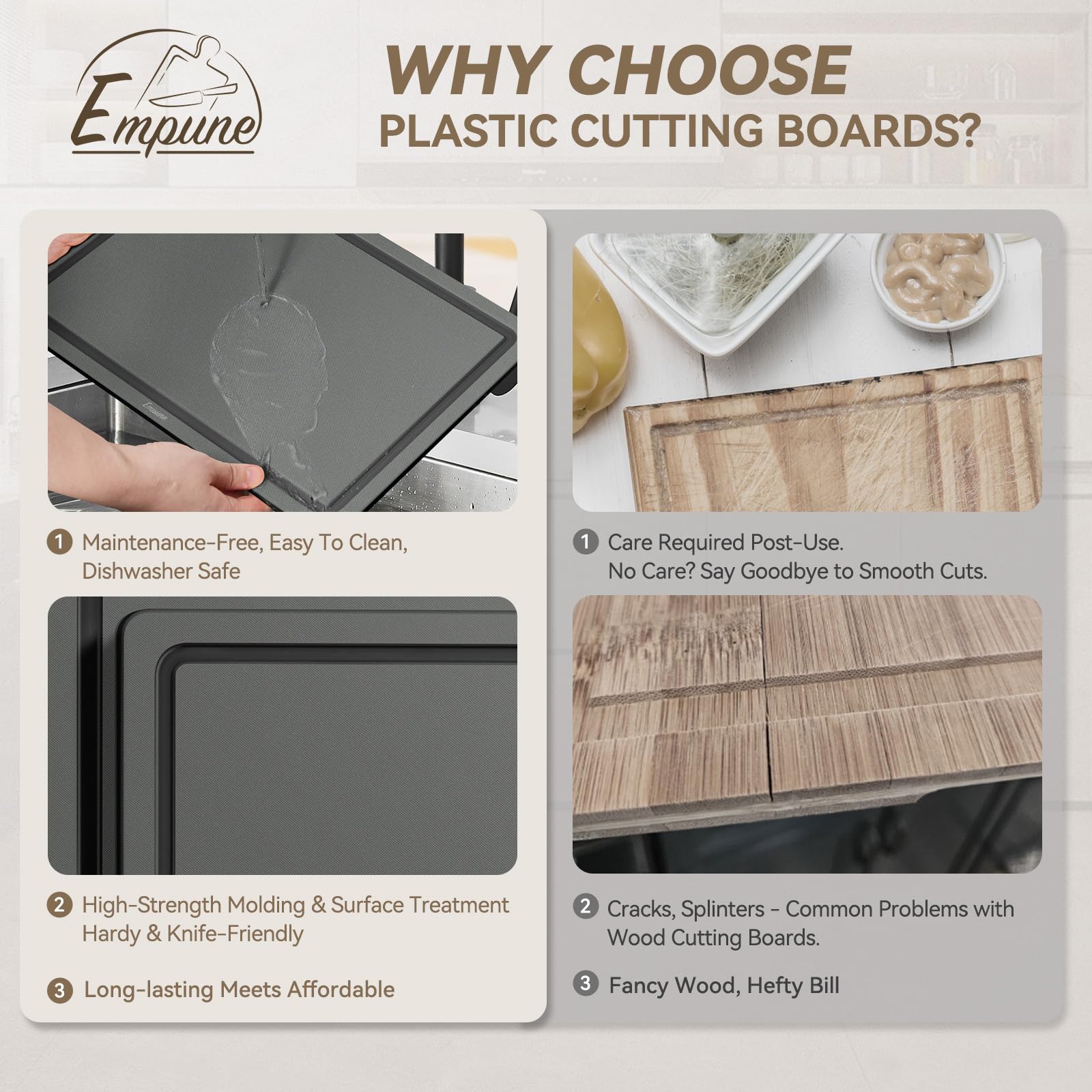 Empune nonporous surface resists stains and odors for everyday kitchen use.