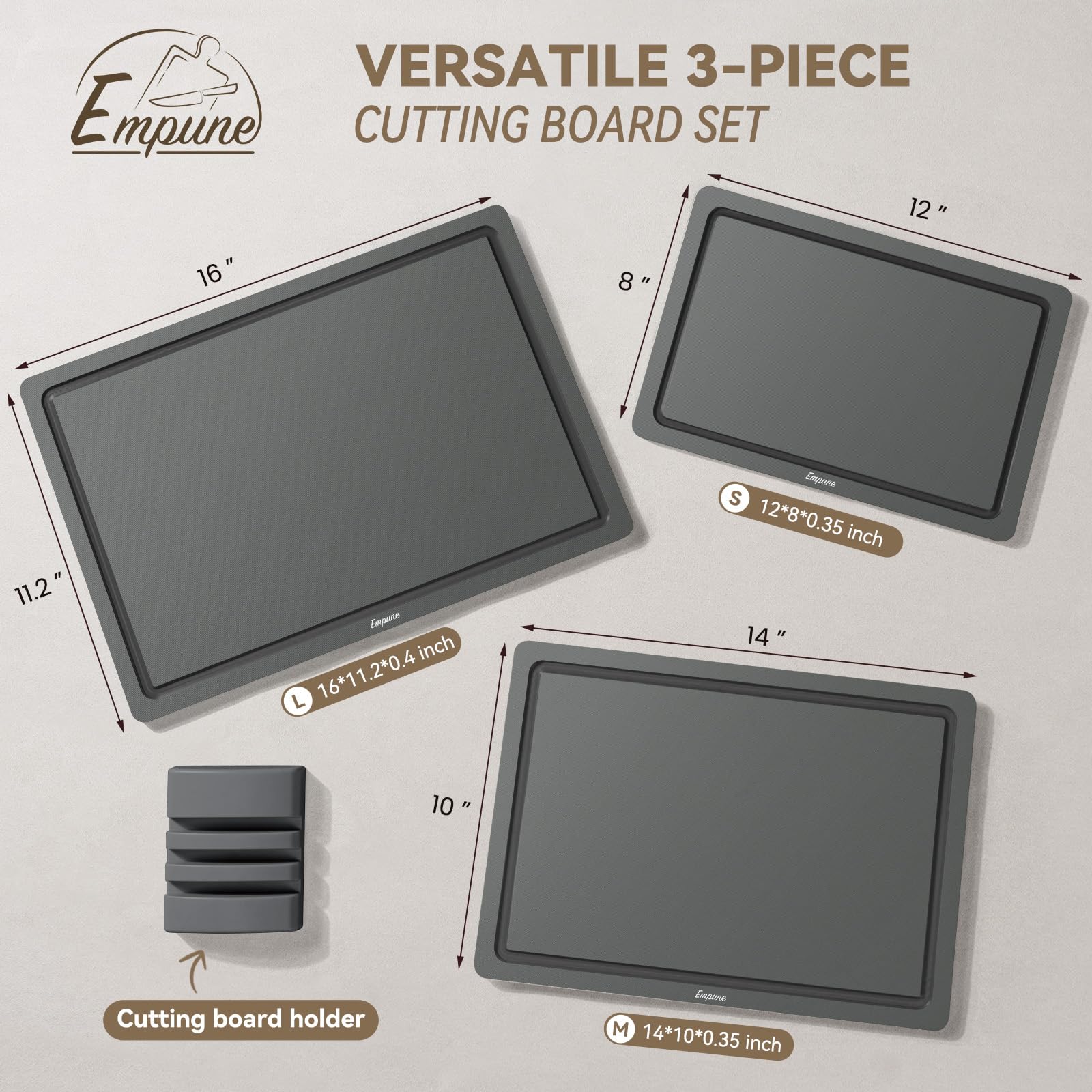 Empune cutting board set with rack to save counter space and promote airflow.