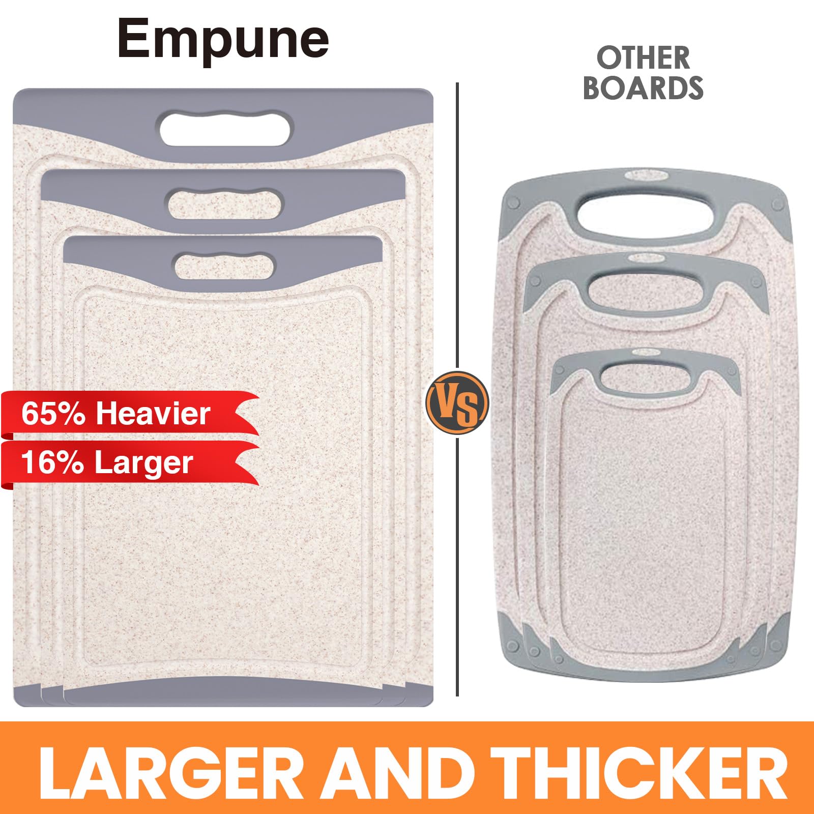 Empune large cutting board ideal for chopping fruits and vegetables with easy-handling.