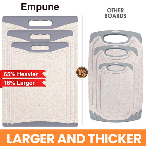 Empune large cutting board ideal for chopping fruits and vegetables with easy-handling.