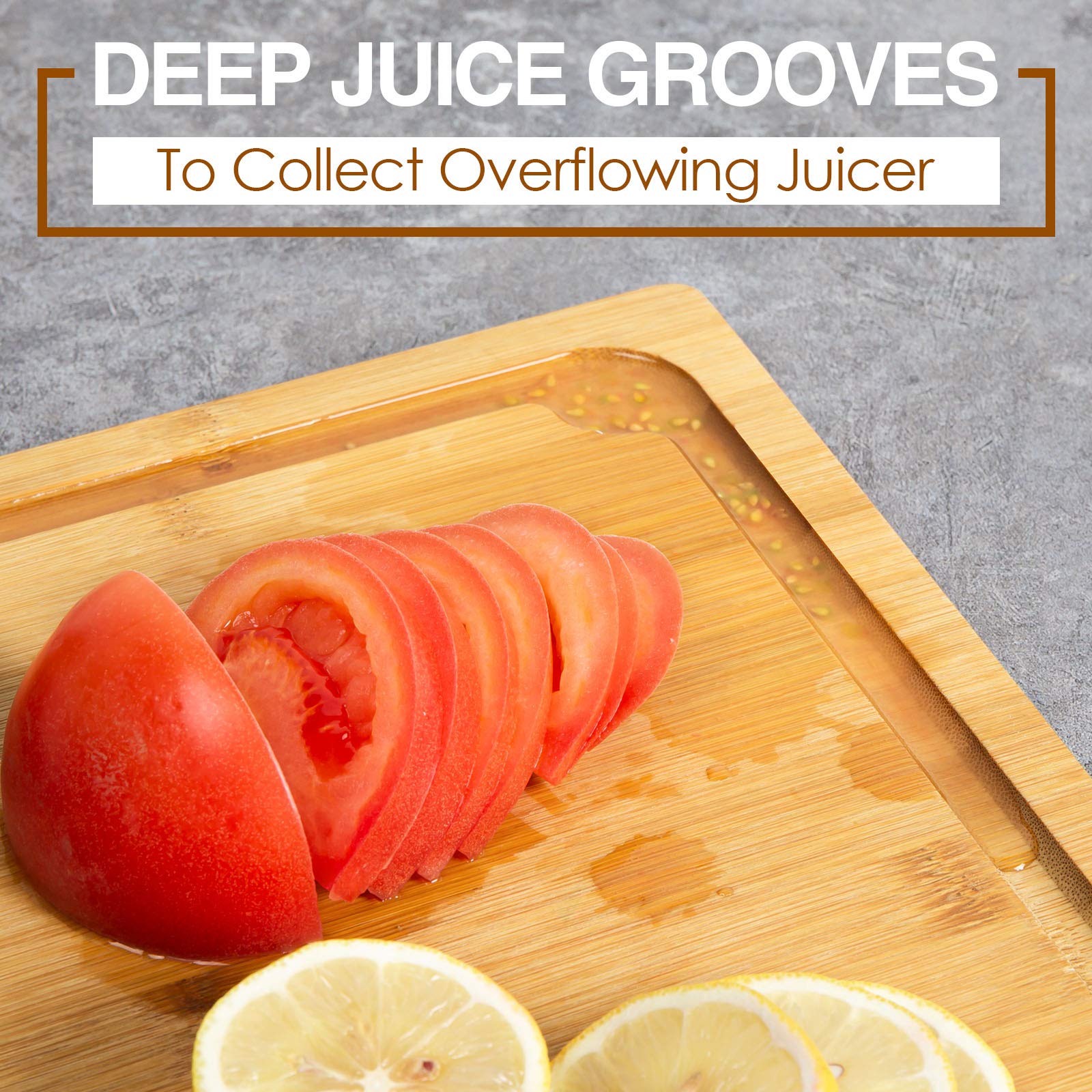 Empune cutting board side handles in use for easy transport and serving