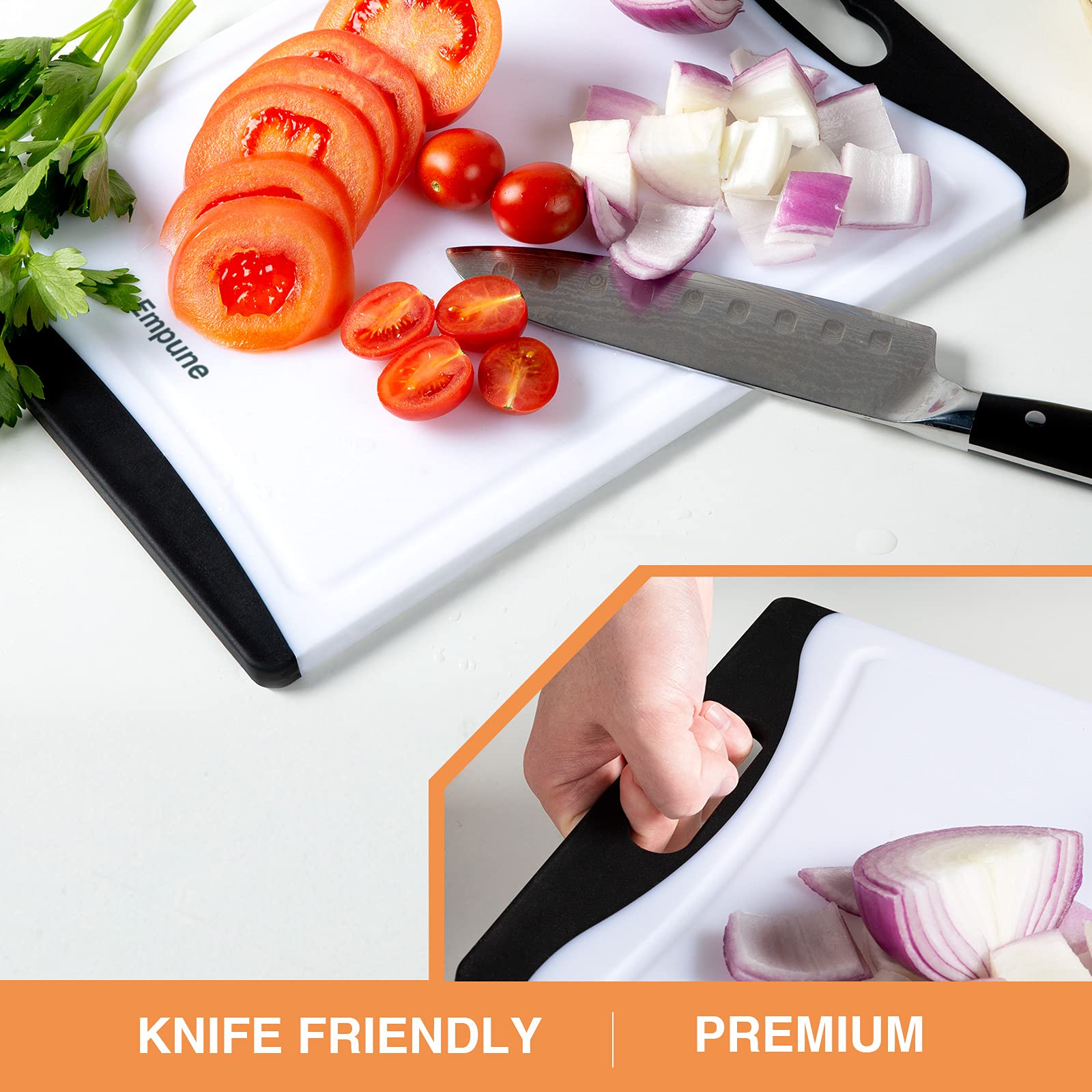 Empune large cutting board surface resists staining for long-lasting use.