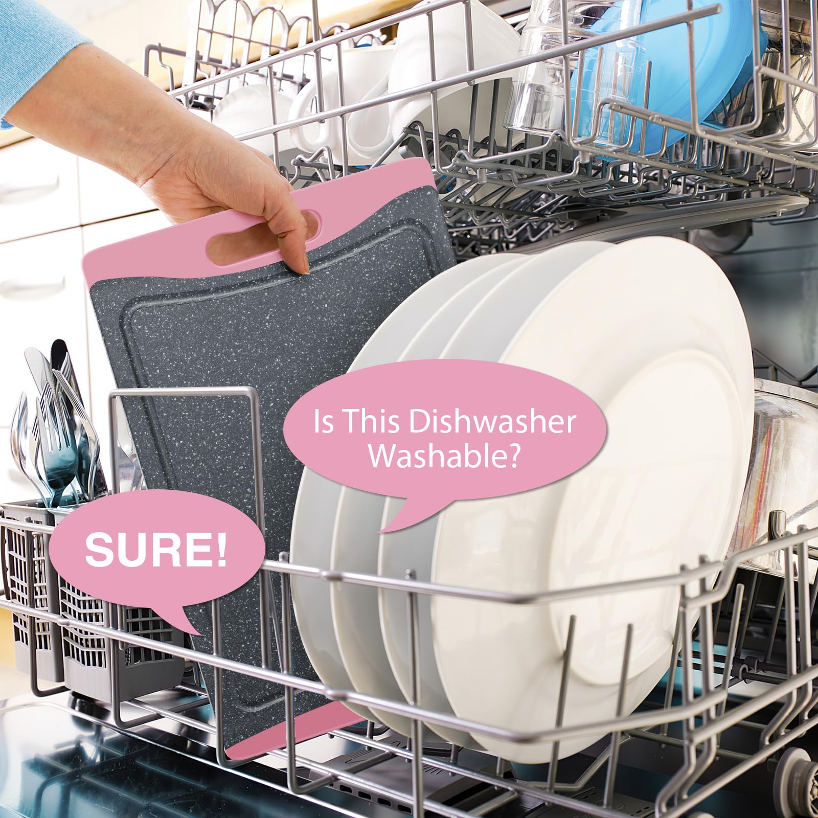 Empune pink cutting boards are dishwasher safe for quick cleanup.