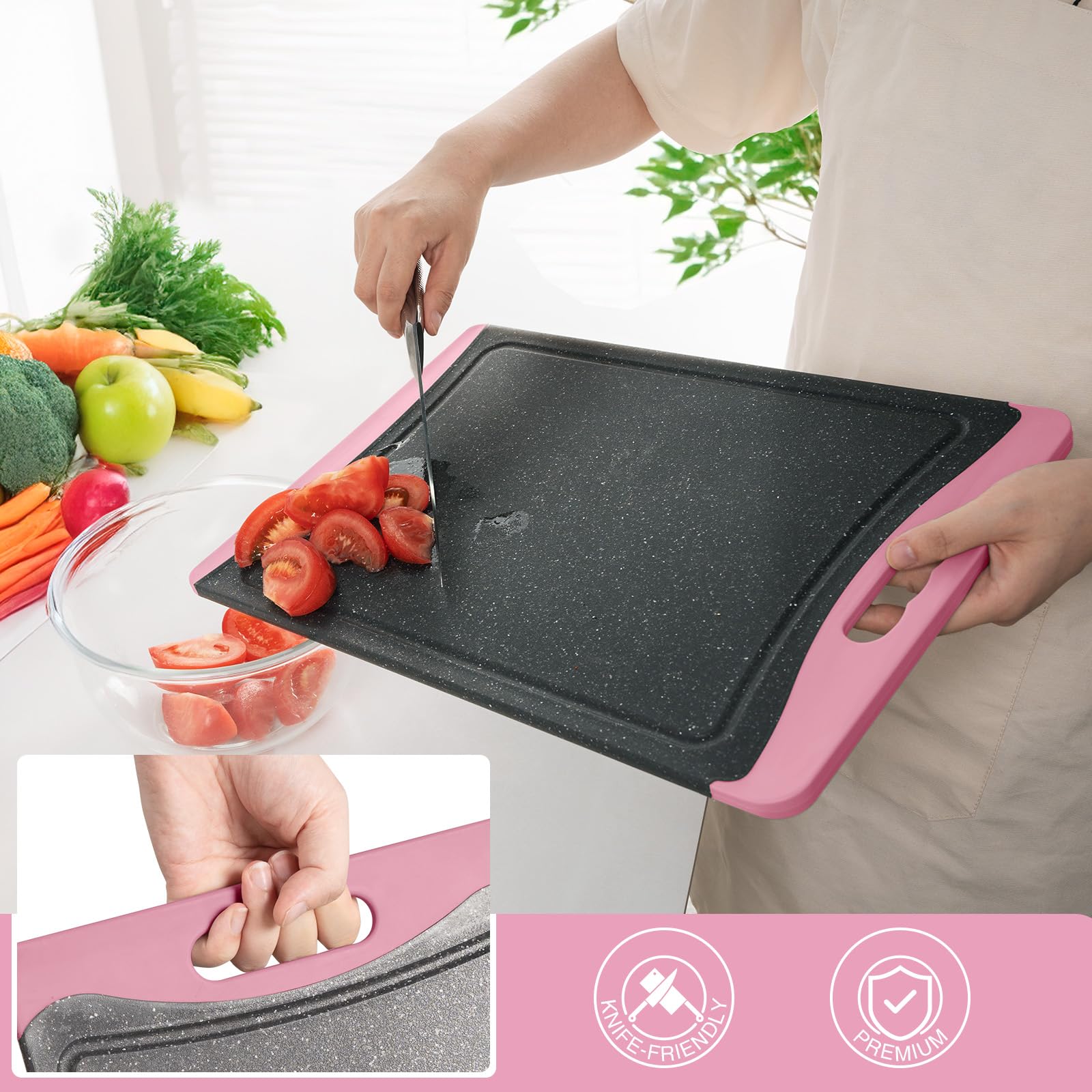 Empune pink medium cutting board for daily dicing and slicing tasks.