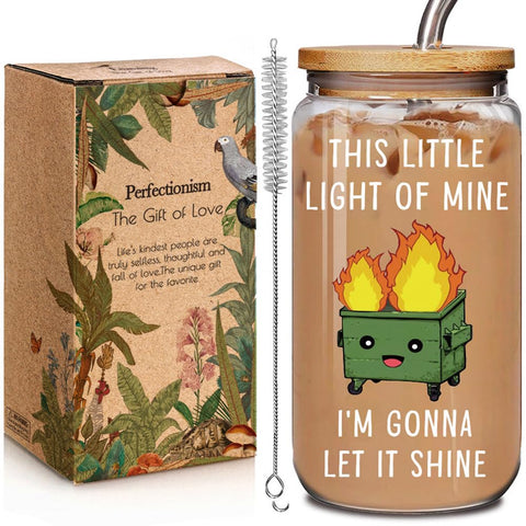 Enanaimg funny dumpster-fire 16oz glass cup for desk coffee with playful mood