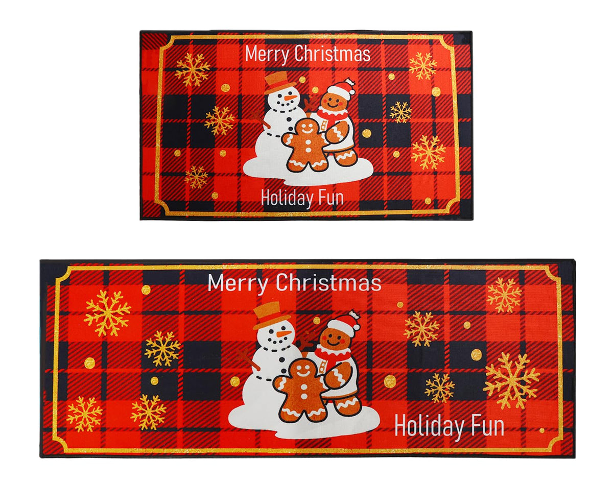 Enbelcto snowman kitchen rug 17x29, front sink area, adds festive decor and spills protection.
