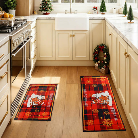 Enbelcto snowman kitchen rug 17x29, stove area, provides non-slip safety and cheerful vibes.